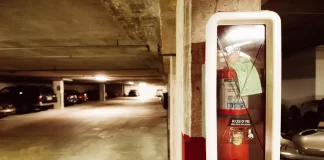 Gaśnica w szafce na filarze podziemnego parkingu z samochodami.